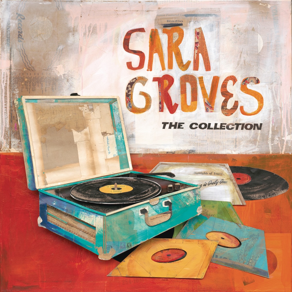 Album Art of Sara Groves's The Collection album - A painting that seems to be painted on top of bits of papers that have to do with records. The paining is of a record player with a lid and and outer shell that looks like a briefcase with a handle. The top is up and there's a record on it but the needle is off to the side. There are three or four other records out next to the record player, most in some sort of brightly colored sleeve.</body></html>