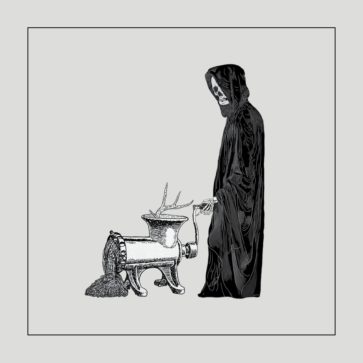 Album Art of Showbread's Showbread Is Showdead album - On a gray background, a drawing of a skeleton in a black hooded robe turning the crank of a meat grinder that is lighter colored. It looks like ground meat is coming out of it, and sticking out of the top where the meat was going in looks to be a four-tipped horn of an animal. The black-and-white drawing is in the center of a grey background and has a hairline black border inset pretty far from the edges.