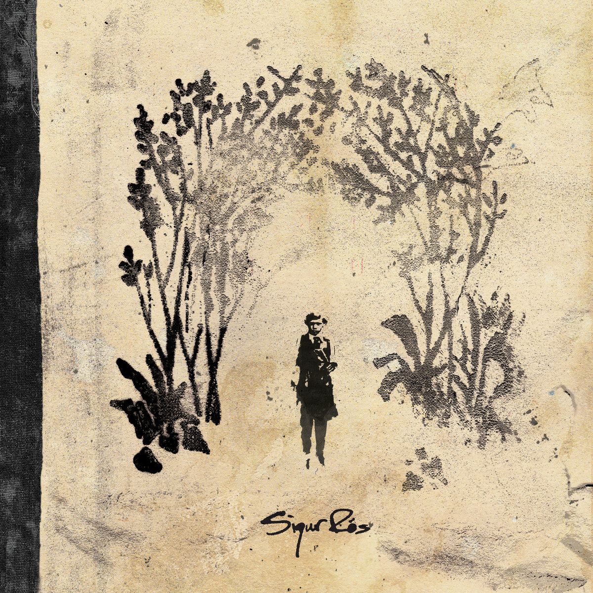 Album Art of Sigur Rós's Takk... album - On a rough, golden-hued surface that looks like a soft stone or something, in black and gray paint is the outline of some bushes and trees creating a tunnel to walk through in the middle. Some of it looks grey like it was painted and maybe worn off over time. What looks like a black painting of a person, maybe put there by stencil, is standing and looking at the camera. And below that in black is the band's name in a hand-written script.</body></html>