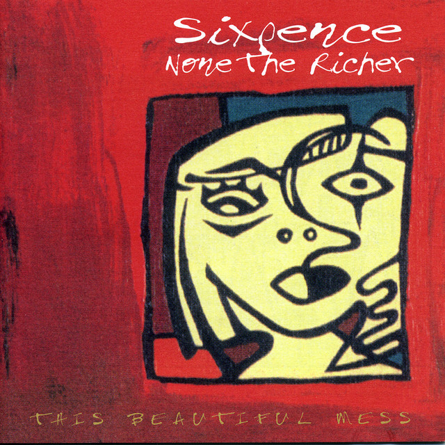 Album Art of Sixpence None The Richer's This Beautiful Mess album - A painting that is mostly a red background with a bit darker red on the left side. To the right 3/5ths of the artwork, a rough black square is painted and inside is a very modern painting of a person with hair down to the neck on the sides. The person is all a light yellow and has black lines outlining the eyes, nose and mouth. The features are a bit out of proportion and the lines connect in unexpected ways. Above the person in a box, it has the band's name in white in two lines of a very handwritten-style font. At the bottom in a smaller, dark yellow, it has the album title.