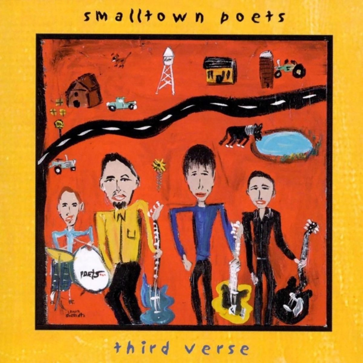 Album Art of Smalltown Poets's Third Verse album - On a red background, a simple drawing of four men in a rock band in the front with a road, a few small town buildings, and a pond with a horse are in the background above them. The illustration could have been done by a child or maybe just someone who has not practiced their art craft well, but it's colorful and unique.</body></html>