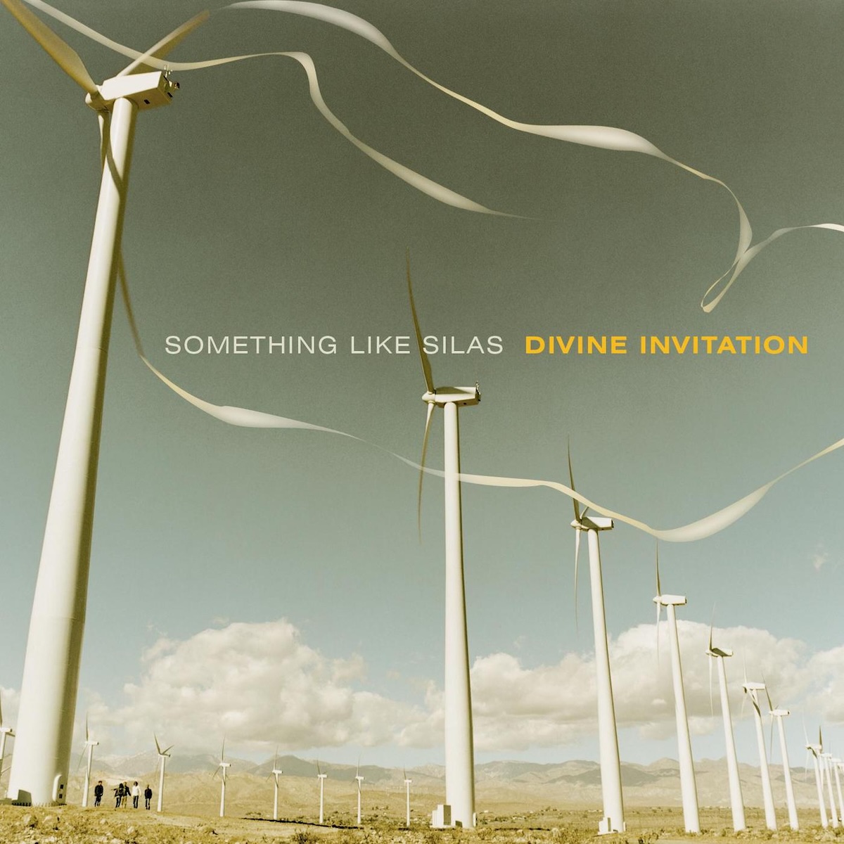 Album Art of Something Like Silas's Divine invitation album - A photo of a clear blue sky with a green tint and clouds along eh horizon. In the foreground, on the ground are rows of wind turbines stretching high into the sky. The closest wind turbine on the front left has digitally added white ribbon-like things extending from the ends of the turbine blades and they are looking as if they are flapping in the wind. In the bottom left, near the base of that turbine, the members of the band are standing together. In the middle of the sky just above the turbines, it has the band's name printed in a thin white print, with the album name in a bolder, yellow font.