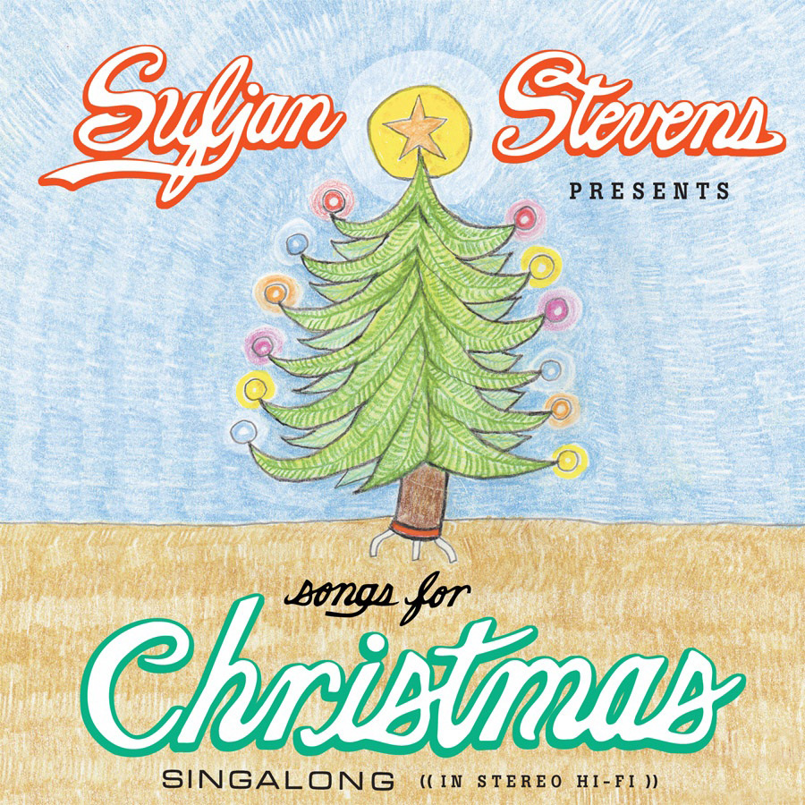 Album Art of Sufjan Stevens's Songs For Christmas collection - A drawing in colored pencil or something like it of a blue wall, a brown floor, and in the middle of the wall a green Christmas tree is sitting on a metal stand. There's a glowing, large star on top and the only decoration on the tree is a colored light on the end of each branch. On each side of the star in a flowing cursive font is the artist's name in white with a red border and drop shadow.</body></html>