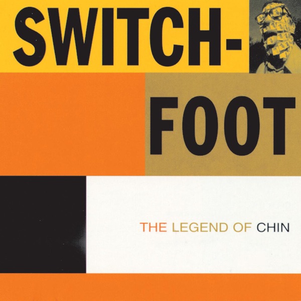 Album Art of Switchfoot's The Legend Of Chin album - The cover's background is a bunch of rectangles of various shades of white black, yellow-gold, orange and brown. The top quarter is mostly yellow-gold background with the word 'Switch-' in black. In the top right is a photo of a person who has glasses on and his tongue stuck out, and almost everything including his glasses and his tongue has a sticky note on it. The next quarter is extra tall, but the left half is a bright orange, and the right a light brown with 'Foot', the rest of the band's name, in black uppercase letters. On the third quarter which is also taller than normal, the left bit is black, while the majority is white and has the album title in orange, brown and black in smaller, thin letters. The last little bit is solid orange.