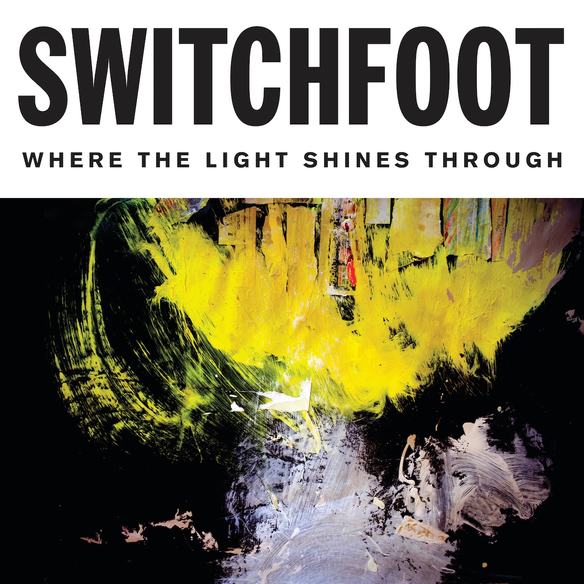Album Art of Switchfoot's Where The Light Shines Through album - The bottom three fifths is a painting of mostly black paint on a canvas, with large amounts of golden yellow on the top, maybe trying to resemble a sky, and then below it is a pink with bits of blue in a few swatches. It looks like this may be painted on top of some other painting. In the middle of it, a few white spots that may be the canvas and its paint being ripped off of the painting. The top is the band name in large black letters and the album title in much smaller letters on a white background.