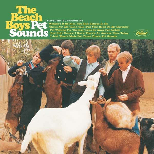 Album Art of The Beach Boys's Pet Sounds album - On the bottom 3/4ths of the cover, a photo of some young men in collared shirts and jackets feeding a bunch of goats or something in what looks like a pen at a farm or something. They look like they're trying to feed them carrots and their expressions are a bit unsure on how well it is going, but the animals do seem to be trying to get the food.</body></html>