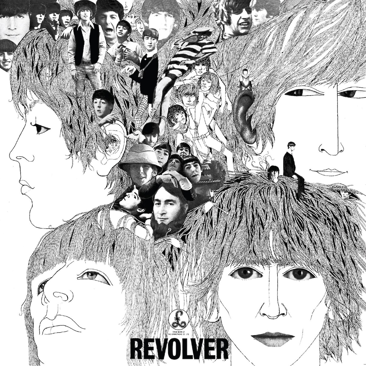 Album Art of The Beatles's Revolver album - A black and white collage of the four members of The Beatles. Parts of it are small photos of their faces, but most of it is black and white line art drawings of the four men's faces. The drawings and photos seem to interact with each other, like a small photo of someone sitting on something cut out and placed sitting on one of the drawings of a big head. In the bottom middle is the Parlophone Records logo, and below that in large black text is the album title.