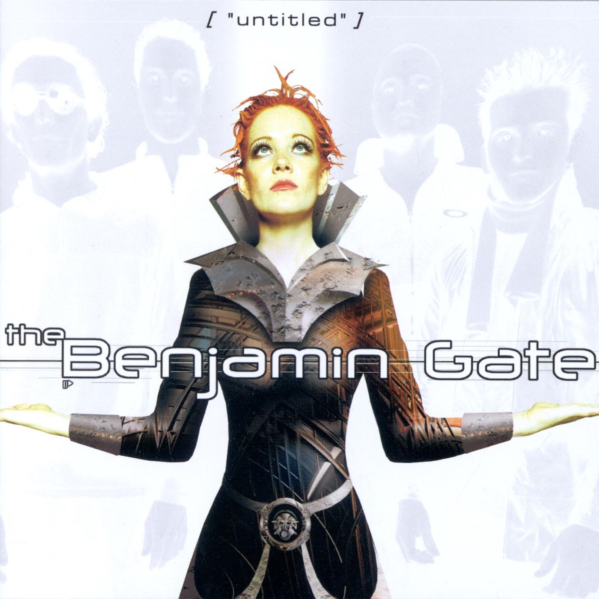Album Art of The Benjamin Gate's Untitled album - On a white background, in the center is a woman's head with short, bright orange hair and a bit of a yellow color to her skin. She's looking up and her arms are on her sides with her hands pointing out on each side, for a very unnatural look. Her outfit looks fairly computer-generated, with a large metal armor around her shoulders and behind her neck and a slim belt around her waist with a large circular gas mask emblem on the front of the belt.</body></html>
