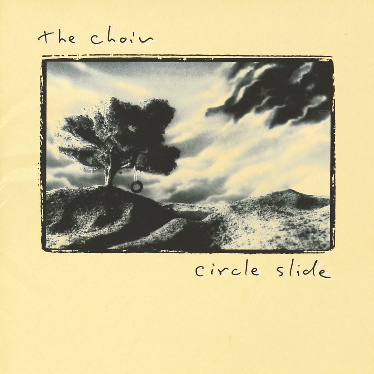 Album Art of The Choir's Circle Slide album - On a pastel yellow/gold background, a black-and-white illustration of a landscape is somewhat center but nearer to the top, a horizontally-bigger rectangle with a black border. The illustration has a grassy, rolling hills with on the left side, one tree on the top of a hill. The tree has a lot of branches and a lot of mass, and out of one branch is a tire swing. The majority of the sky above looks mostly cloudy but bright, but the top right is particularly dark for some reason.