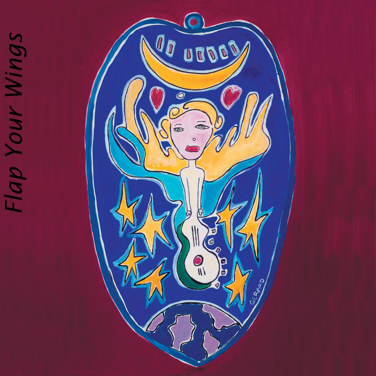 Album Art of The Choir's Flap Your Wings album - On a deep red background, the middle is taken up with a drawing of a roughly circular shape that is somewhat rough, at least drawn by someone not going for any sort of realism; it feels very cartoon-ish. At the bottom, a blue earth with purple land is shown. Above it is a blue sky and stars, and at the top a crescent moon shines down. The focus of the artwork is a guitar, though instead of a neck of the guitar, there's the torso of an angel with large, gold wings and short gold hair. On the left side, printed vertically in black is the album title.