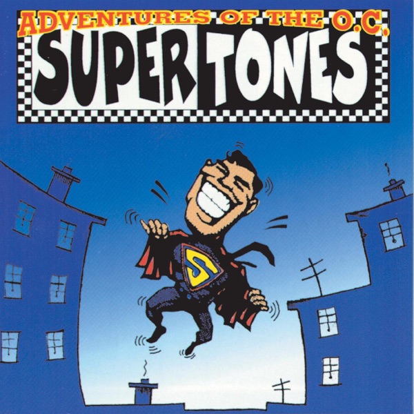 Album Art of The O.C. Supertones's Adventures Of The O.C. Supertones album - A cartoon drawing of a Superman-like figure with a very large, toothy smile and a body smaller than the smile. He's got his cape opened and is showing off a large yellow 'S'. Behind him, a blue-and-white sky gradient with blue buildings along the sides and bottom, for a cityscape feel. At the top, in small red letters is printed in an arching 'Adventures Of The O.C.' and then below that in a much bigger black-and-white square 'Supertones', with the 'super' being black text on white background, and 'tones' white text on black.