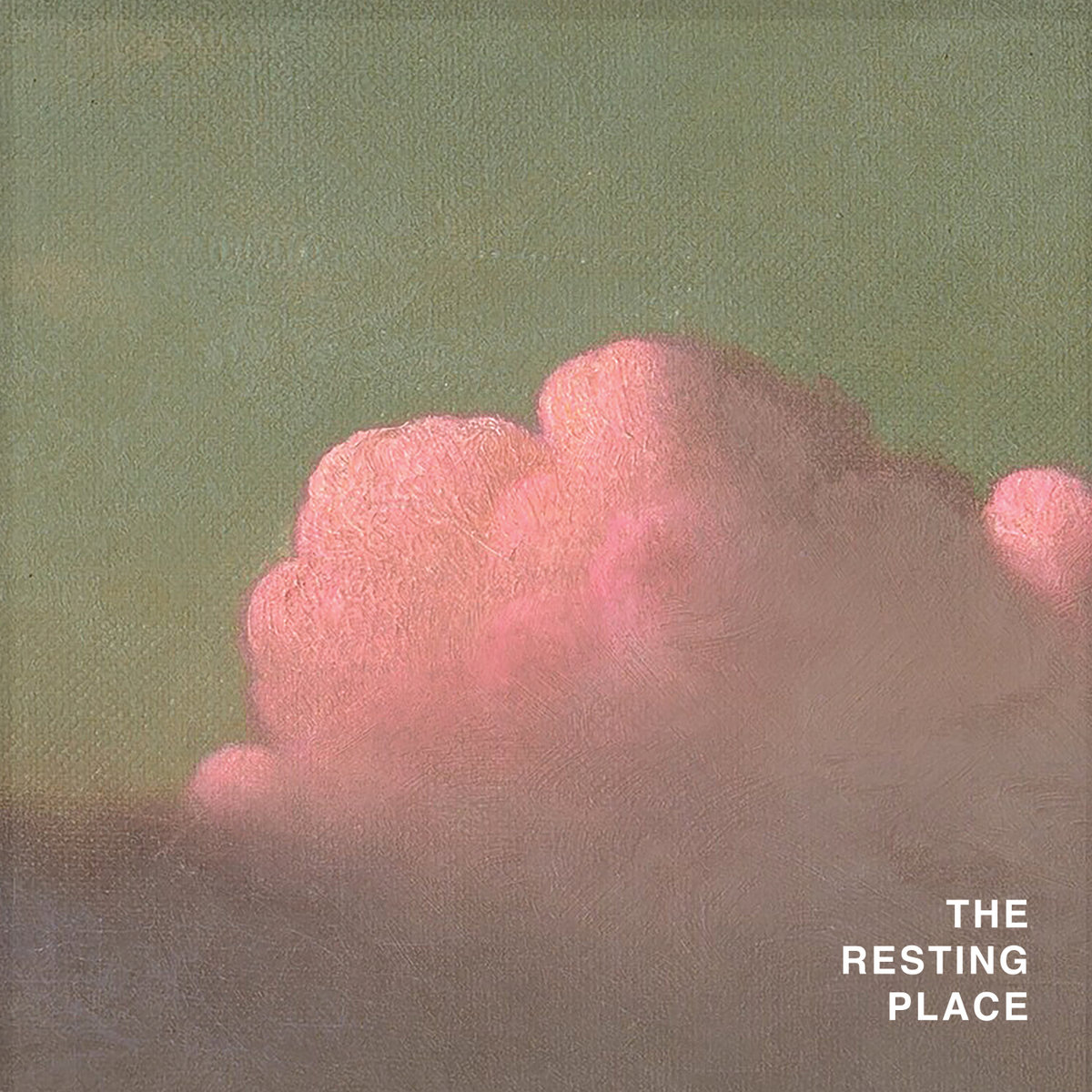 Album Art of The Resting Place's self-titled album - On what looks like a grey-green sky, a grainy pink cloud is coming out of a dark red haze below it at the bottom. In the bottom right in white print it says the artist name.
