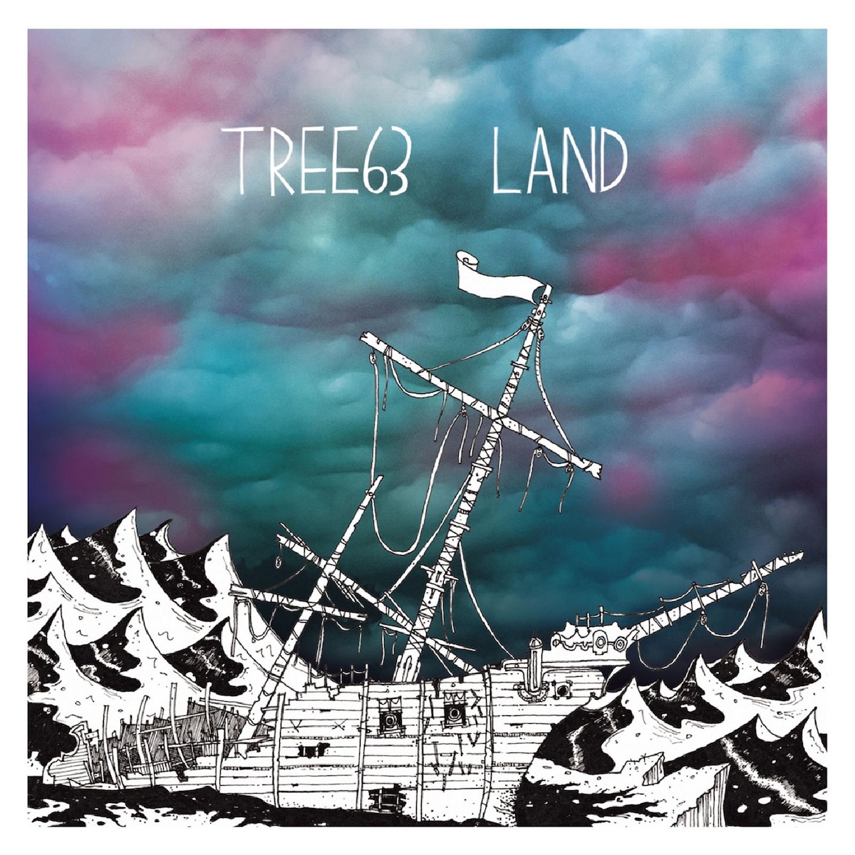 Album Art of Tree63's Land album - The background is what looks like a sky full of clouds, and various parts are colored blue-green, pink, and blue, so it looks a bit supernatural, but the clouds do have a 3-D, realistic shape to them. On the bottom is a black-and-white drawing of waves, with a shipwreck of an old seafaring vessel with its poles for the sails tilted a bit and the masts/sails missing. The back half of the ship is completely missing and the interior of the ship can be seen there.</body></html>