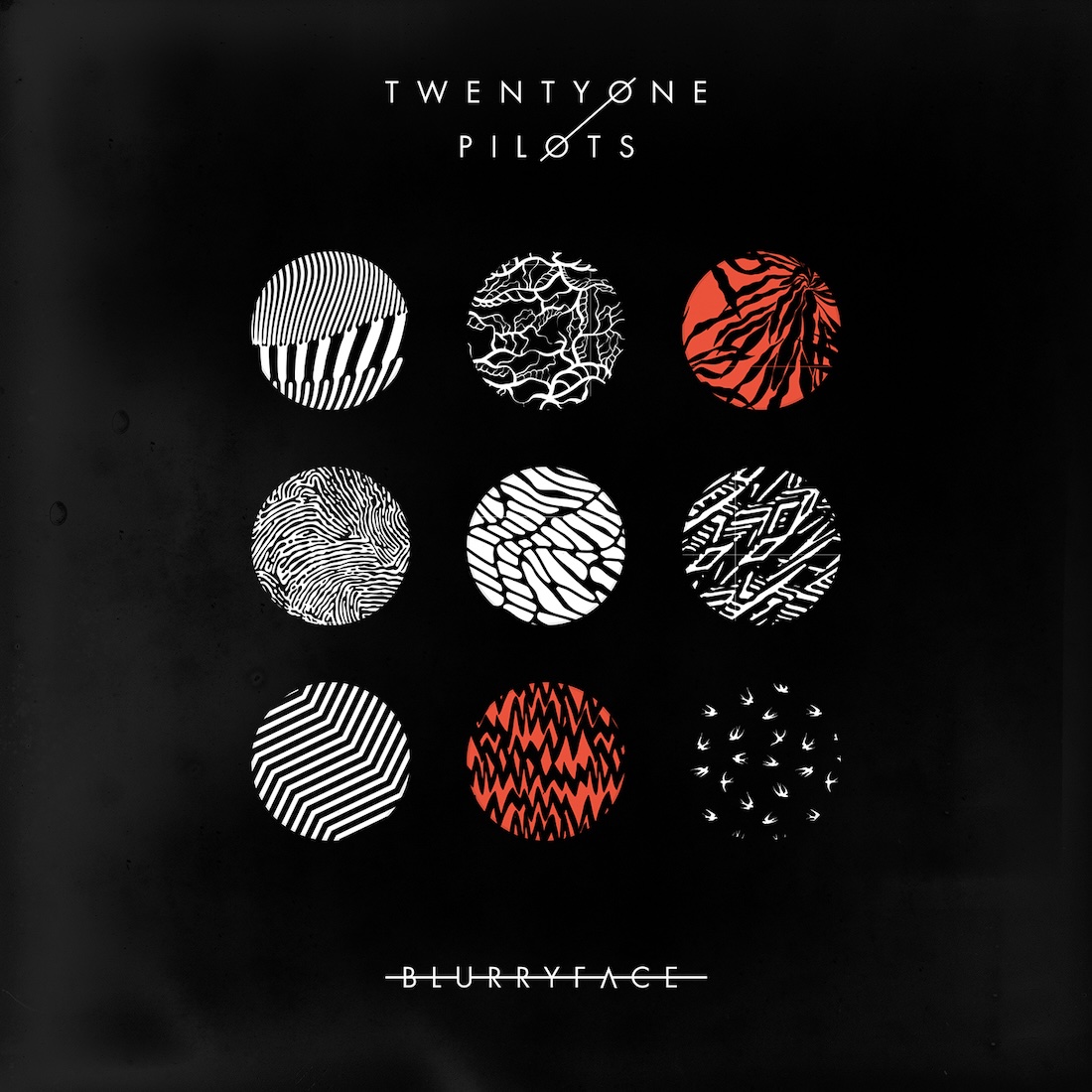 Album Art of Twenty One Pilots's Blurryface album - On a black background, there are 9 circles in the center. Each circle has a pattern inside it, mostly black-and-white, though two (top right and bottom center are red and black). Some are just geometric patterns, others look like plants or something. At the top, it says the band's name in white print on two lines, with the 'O' characters joined with lines between them.</body></html>