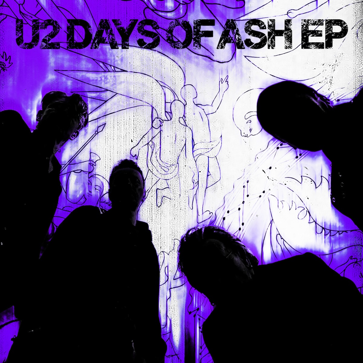Album Art of U2's Days Of Ash EP - Four men are silhouetted by purple and white artwork above them, looking down at a camera from the edges. Behind them, the edges are purple and the middle is white, and there's a fairly simple line drawing of angels shown. At the top, printed is 'U2 Days Of Ash EP' in all uppercase, black text.