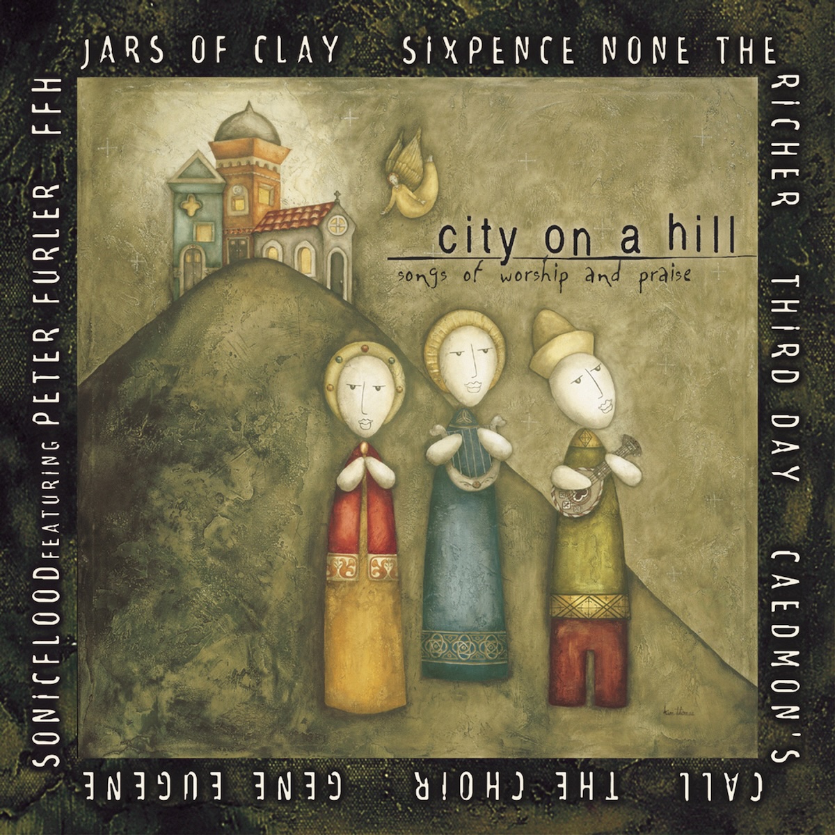 Album Art of the City On A Hill album - In the center, an illustration of three people with egg-shaped heads and somewhat triangle-shaped bodies wearing colorful clothing standing and singing and playing instruments in the foreground off to the right. Behind them and to the left, a large hill is there and on it is three buildings, one a church. There's an angel flying near the city looking down on it.</body></html>