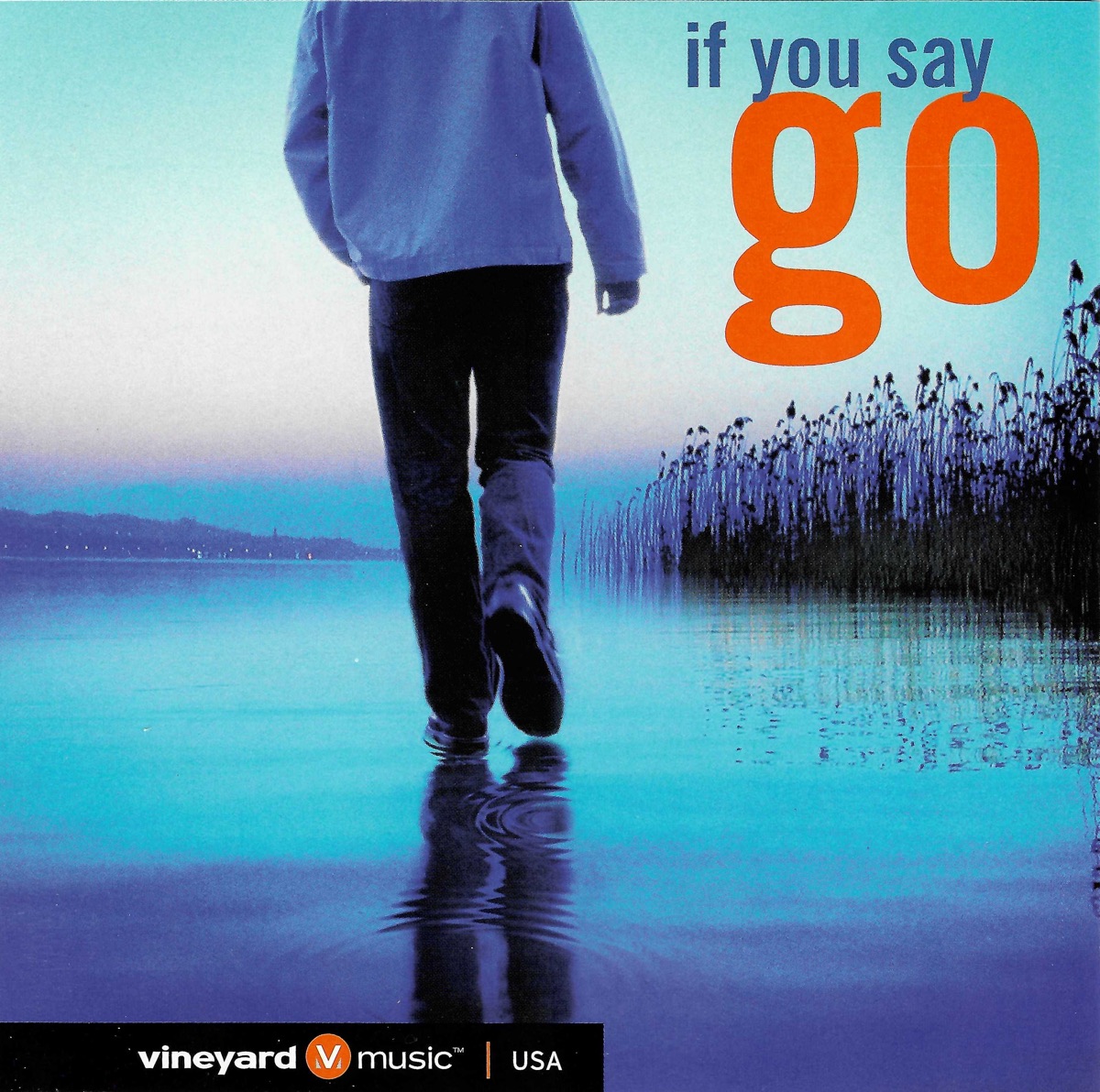 Album Art of Vineyard USA's If You Say Go album - A photo taken from the level of just above the water, a person in jeans and a hoodie is shown walking on the top of the water of a lake. On the left, the far shore can be seen, and on the right, some grasses/reeds are poking out of the water. In the bottom left, a black bar that has the Vineyard Music logo and the words 'USA'. In the top right, it says 'if you say' in blue and 'go' in much bigger red below.