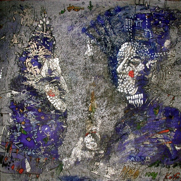 Album Art of meWithoutYou's Catch For Us The Foxes album - A drawing or painting of some sort that is very modern and full of lots of small strokes of different colors. I think I can make out two people, one on the left and one on the right, looking towards each other. They both have blue bodies and their faces are more white. But it's hard to make a lot of detail out of it, if you ask me.
